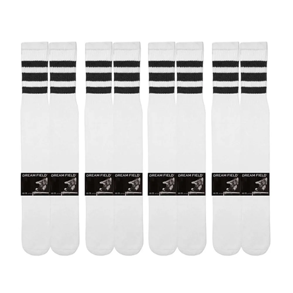 4 Pairs Knee High White Tube Socks Black Stripe Cotton Long Athletic Sport 10-15