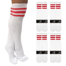 4 Pairs Knee High White Tube Socks Long Athletic Cotton Red Stripes Sports 10-15