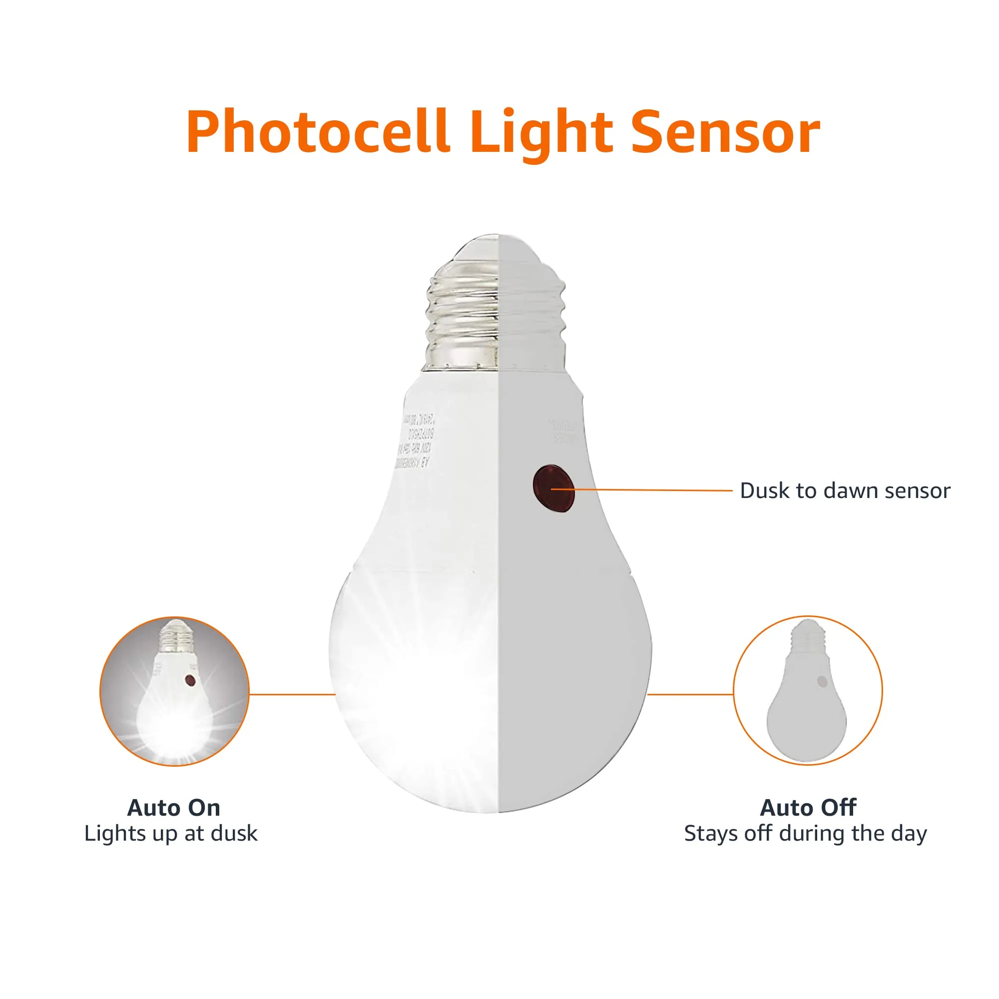 Amazon Basics A19 Dusk to Dawn Sensor LED Outdoor Light Bulb, 60W Equivalent, Energy-Efficient 9W, Daylight White, 2700K, E26 Base, 10,000 Hours, 2 Count (Pack of 1)