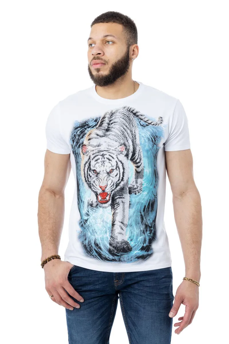 Heads or Tails Men's Tiger On Water Rhinestone Studded Graphic Printed T-Shirt