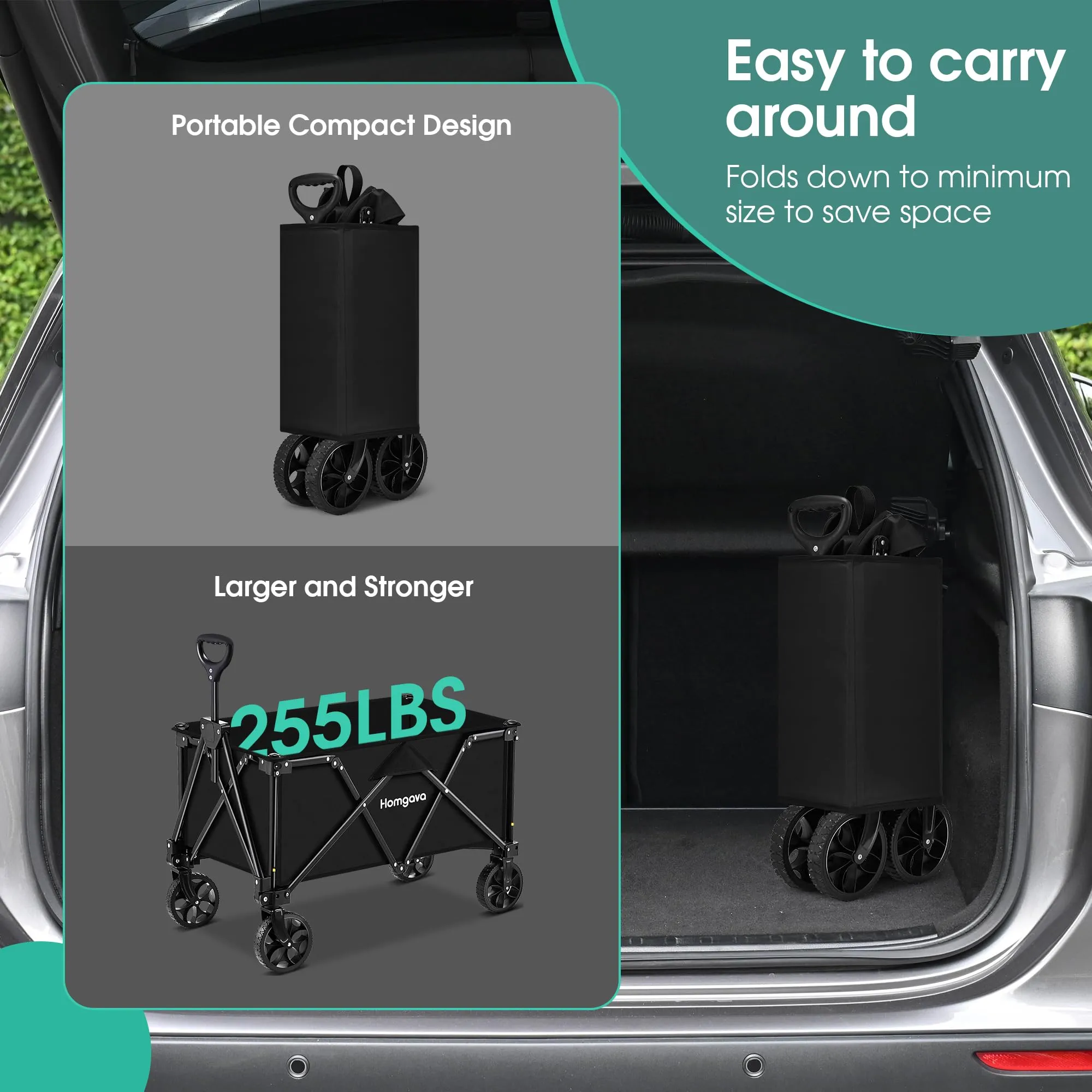 Homgava Collapsible Folding Wagon Heavy Duty,Foldable Utility Cart with Wheels,Large Capacity,for Grocery Outdoor Camping Beach Gardening Shopping Fishing Black