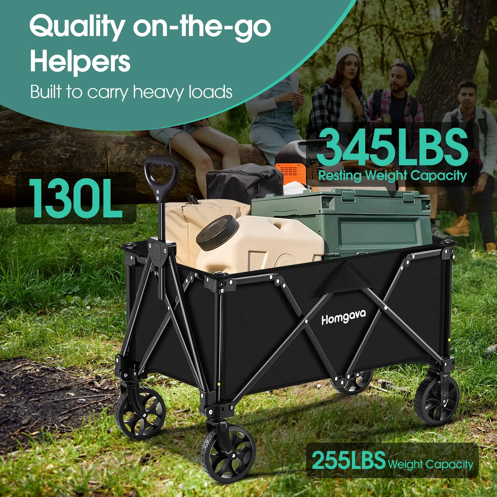 Homgava Collapsible Folding Wagon Heavy Duty,Foldable Utility Cart with Wheels,Large Capacity,for Grocery Outdoor Camping Beach Gardening Shopping Fishing Black