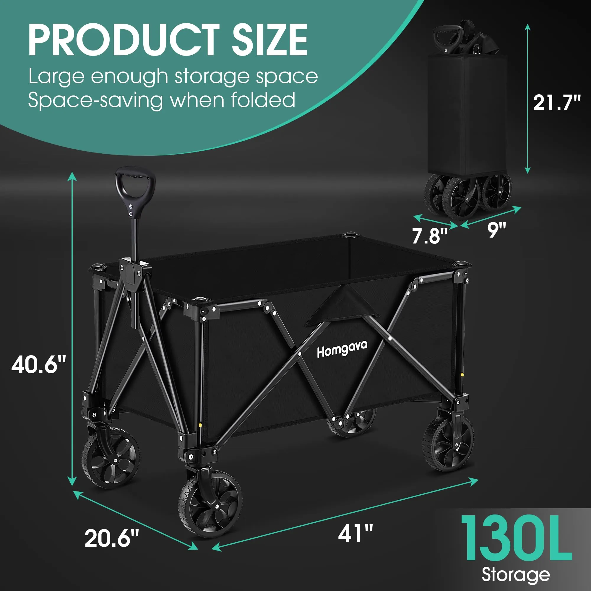 Homgava Collapsible Folding Wagon Heavy Duty,Foldable Utility Cart with Wheels,Large Capacity,for Grocery Outdoor Camping Beach Gardening Shopping Fishing Black