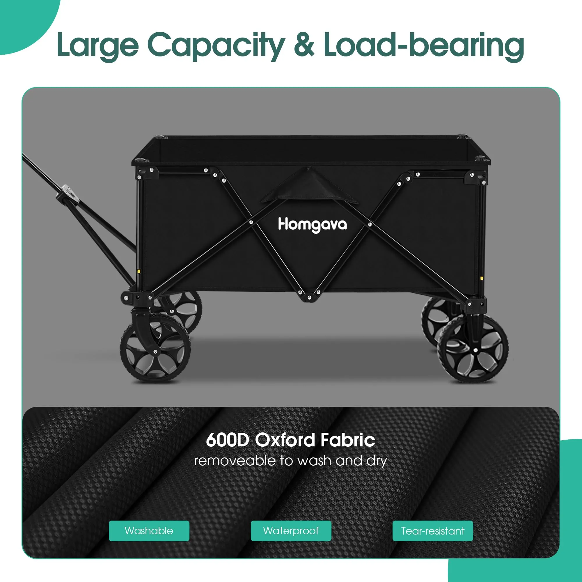 Homgava Collapsible Folding Wagon Heavy Duty,Foldable Utility Cart with Wheels,Large Capacity,for Grocery Outdoor Camping Beach Gardening Shopping Fishing Black