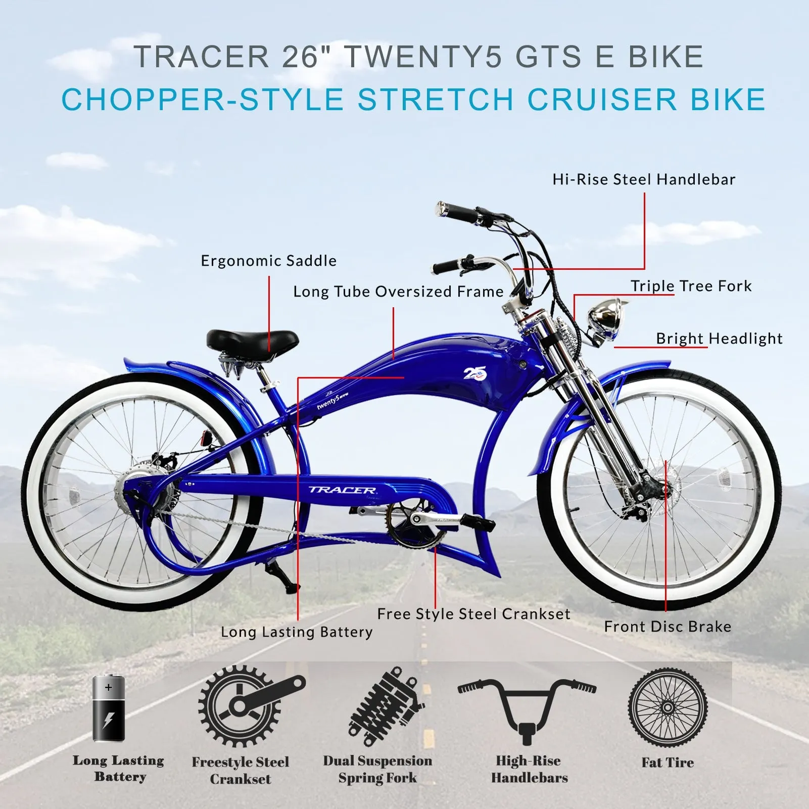 Tracer Twenty5 GTS 26" 48V/17.5Ah 500W Cruiser E-Bikes