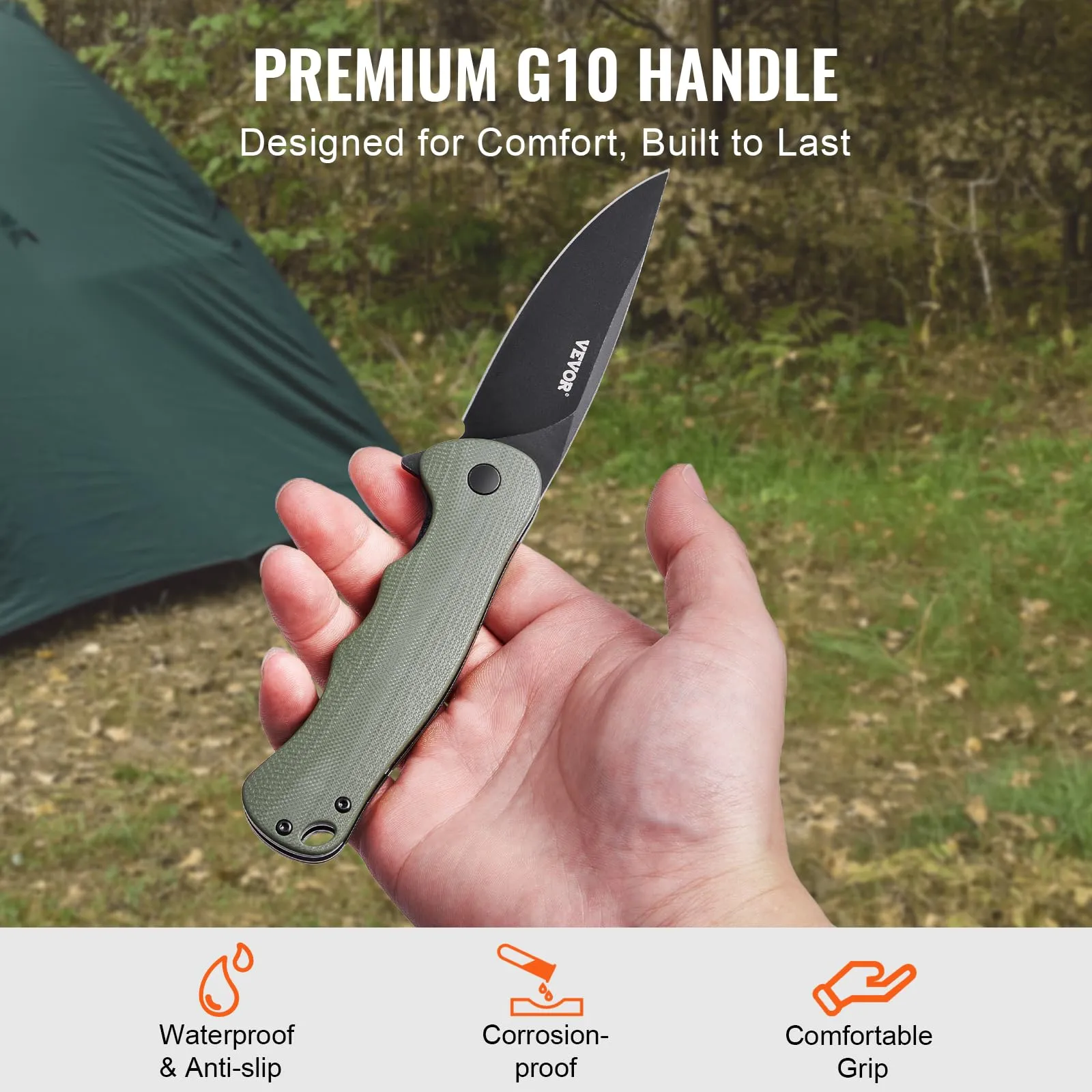 VEVOR Folding Pocket Knife, 3.5 in D2 Steel Blade, G10 Handle Small EDC Knife with Pocket Clip, Sharp Camping Survival Hiking Knife, 3.84 oz/0.1 kg Easy to Carry for Men Women Self Defense