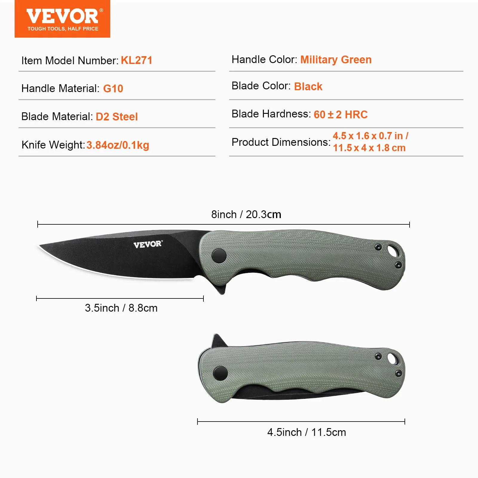 VEVOR Folding Pocket Knife, 3.5 in D2 Steel Blade, G10 Handle Small EDC Knife with Pocket Clip, Sharp Camping Survival Hiking Knife, 3.84 oz/0.1 kg Easy to Carry for Men Women Self Defense