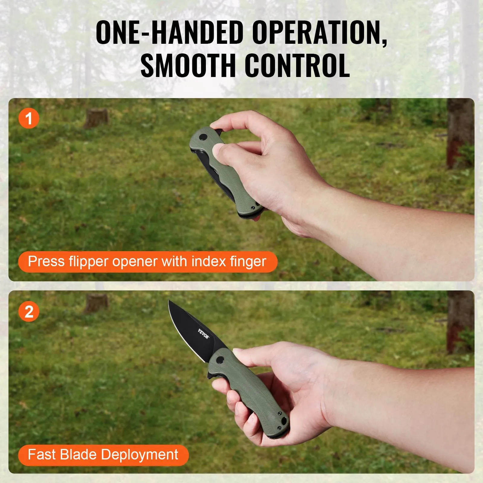 VEVOR Folding Pocket Knife, 3.5 in D2 Steel Blade, G10 Handle Small EDC Knife with Pocket Clip, Sharp Camping Survival Hiking Knife, 3.84 oz/0.1 kg Easy to Carry for Men Women Self Defense