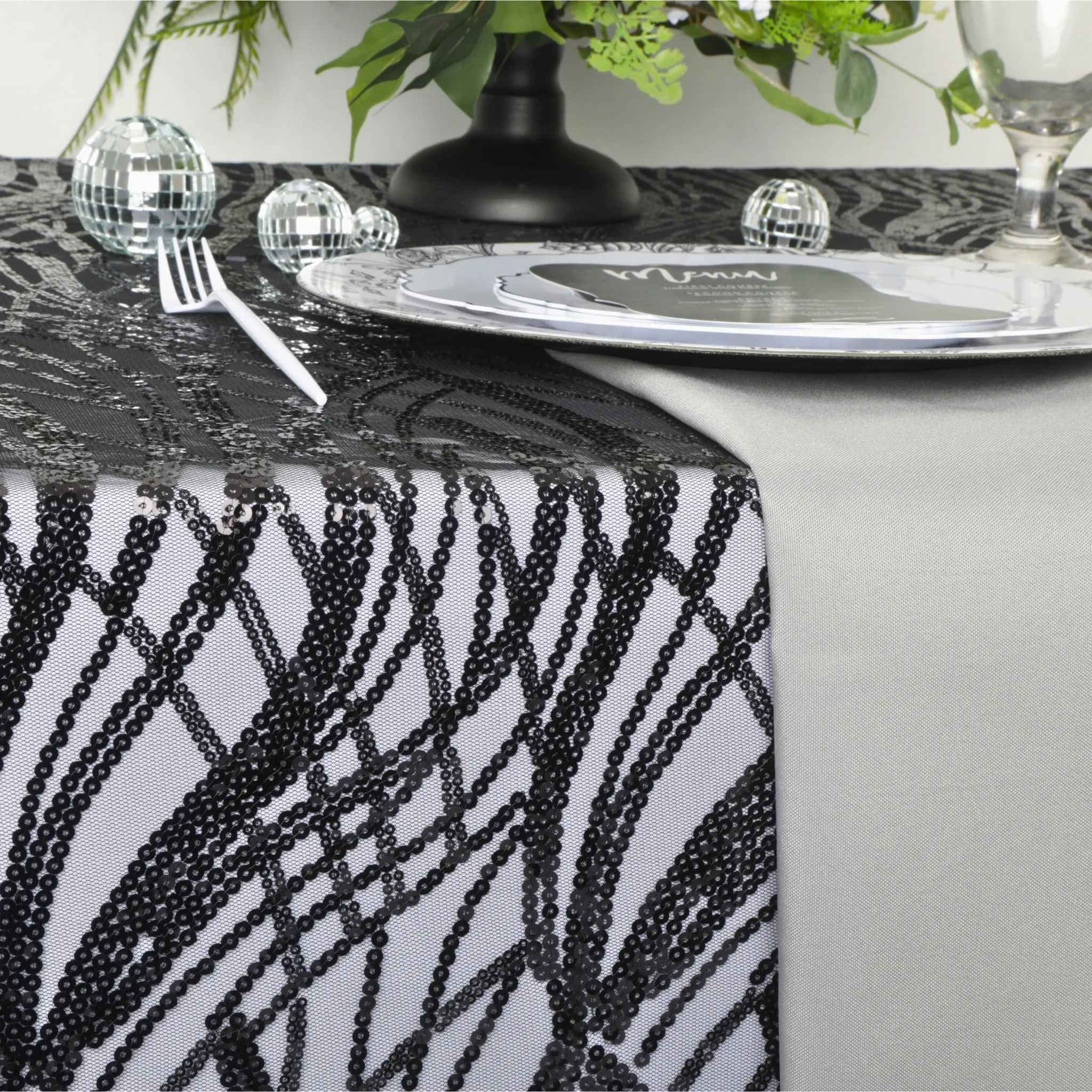 Wave Sequin Mesh Tablecloth  90"x132" Rectangular -  Black
