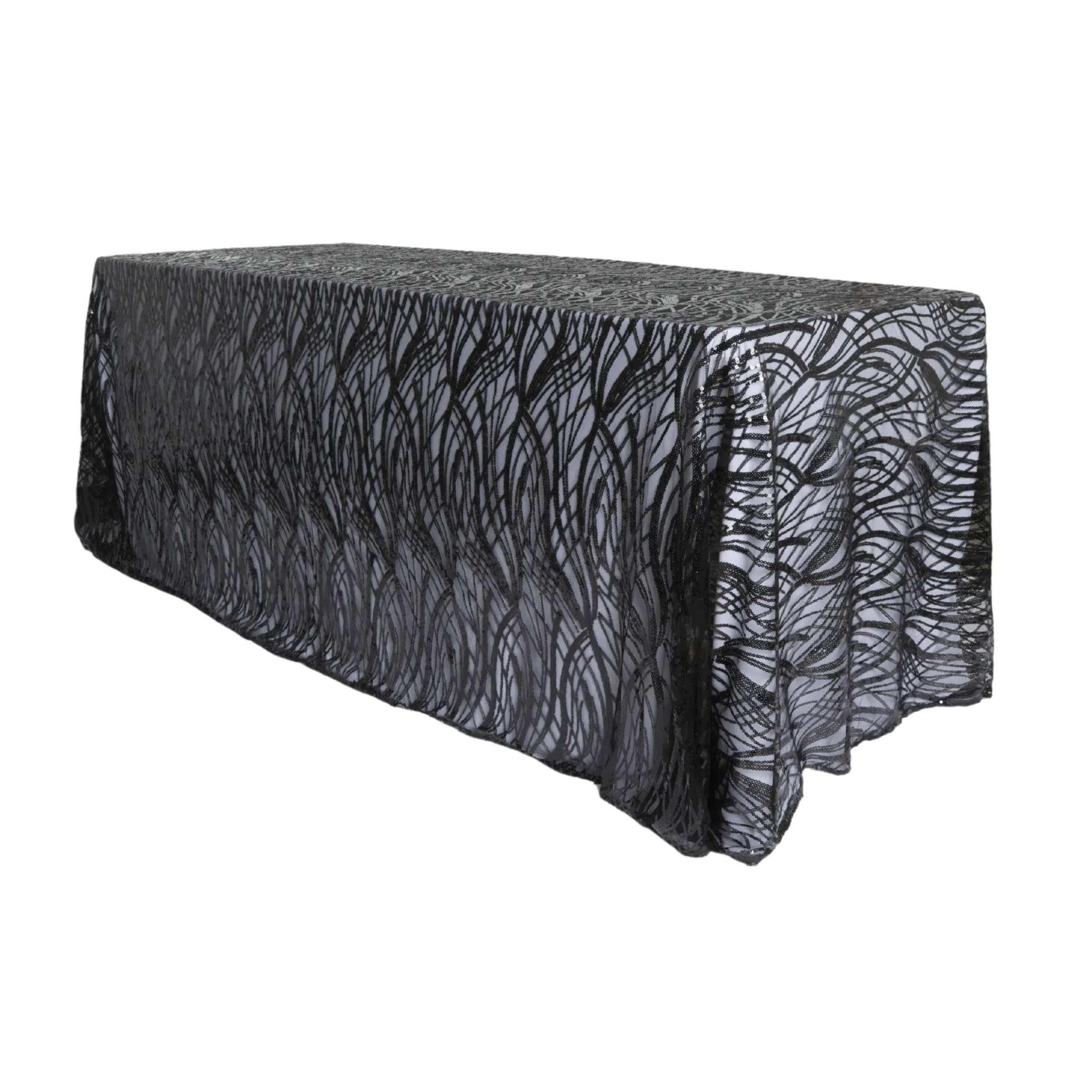 Wave Sequin Mesh Tablecloth  90"x132" Rectangular -  Black